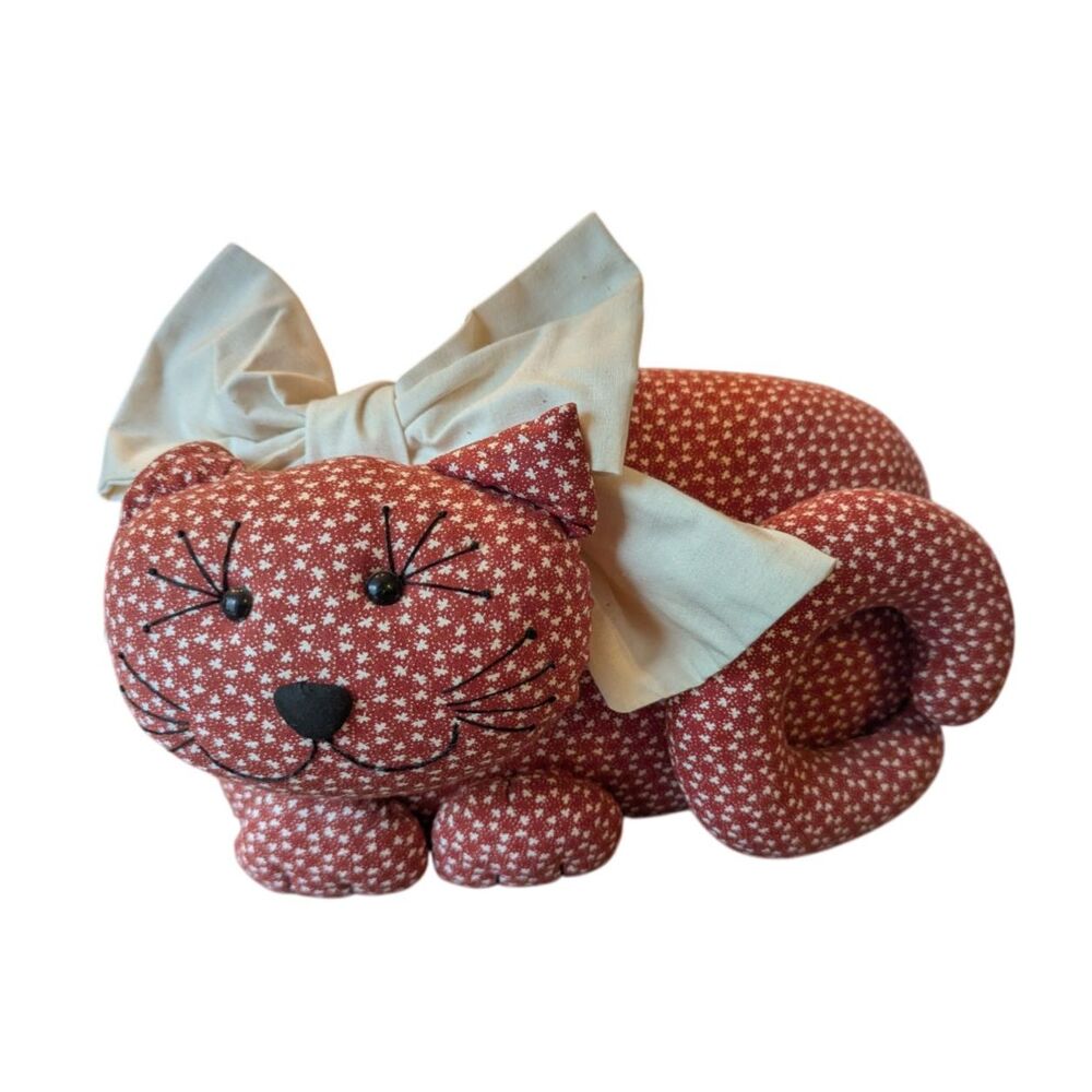 Vintage EUC Handmade Plush Cat with Bow Stuffed Room Decor Cottage Grannycore
